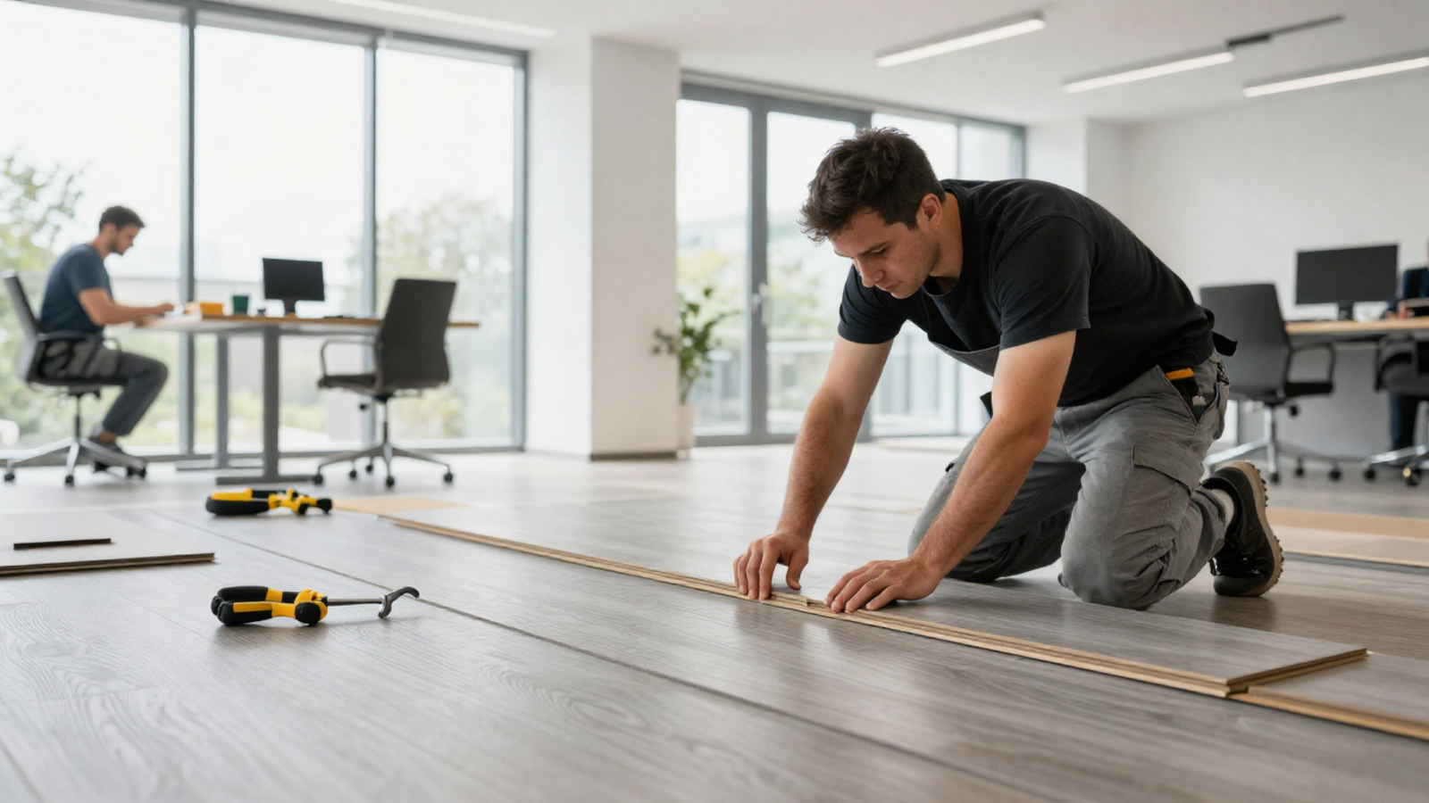 Vinylboden Verlegung während der Arbeit