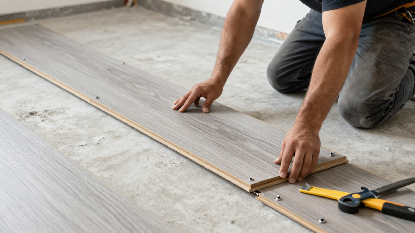 Laminat Verlegung während der Arbeit